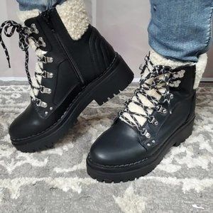 GBG Los Angeles Black/Ivory Walken Faux Fur Lace Up Combat Boots/Booties